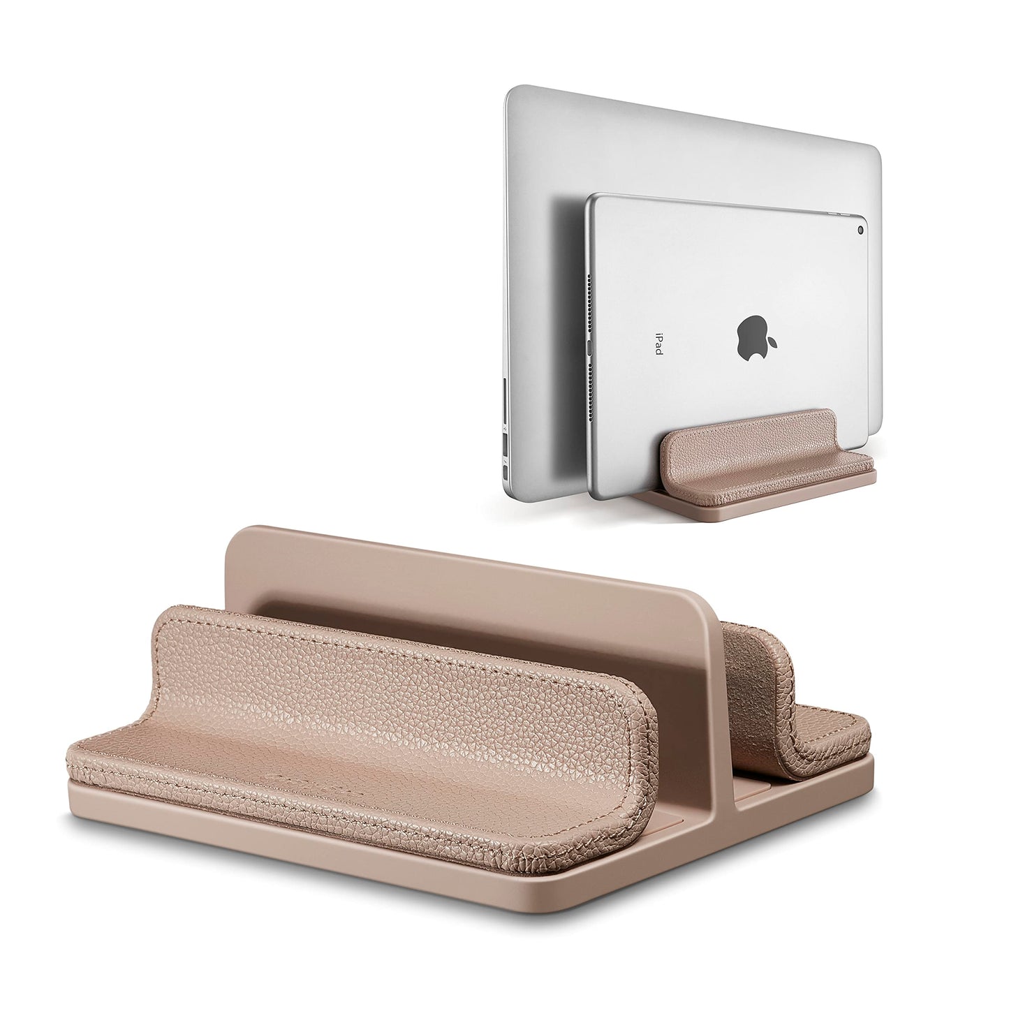 CoStySee Leather Vertical Laptop Stand,Dual Laptop Holder Stand,Laptop Organizer with Adjustable Dock (18-26mm/0.7-1 in) for All MacBook/Tablet/Surface/Dell/iPad (Apricot)