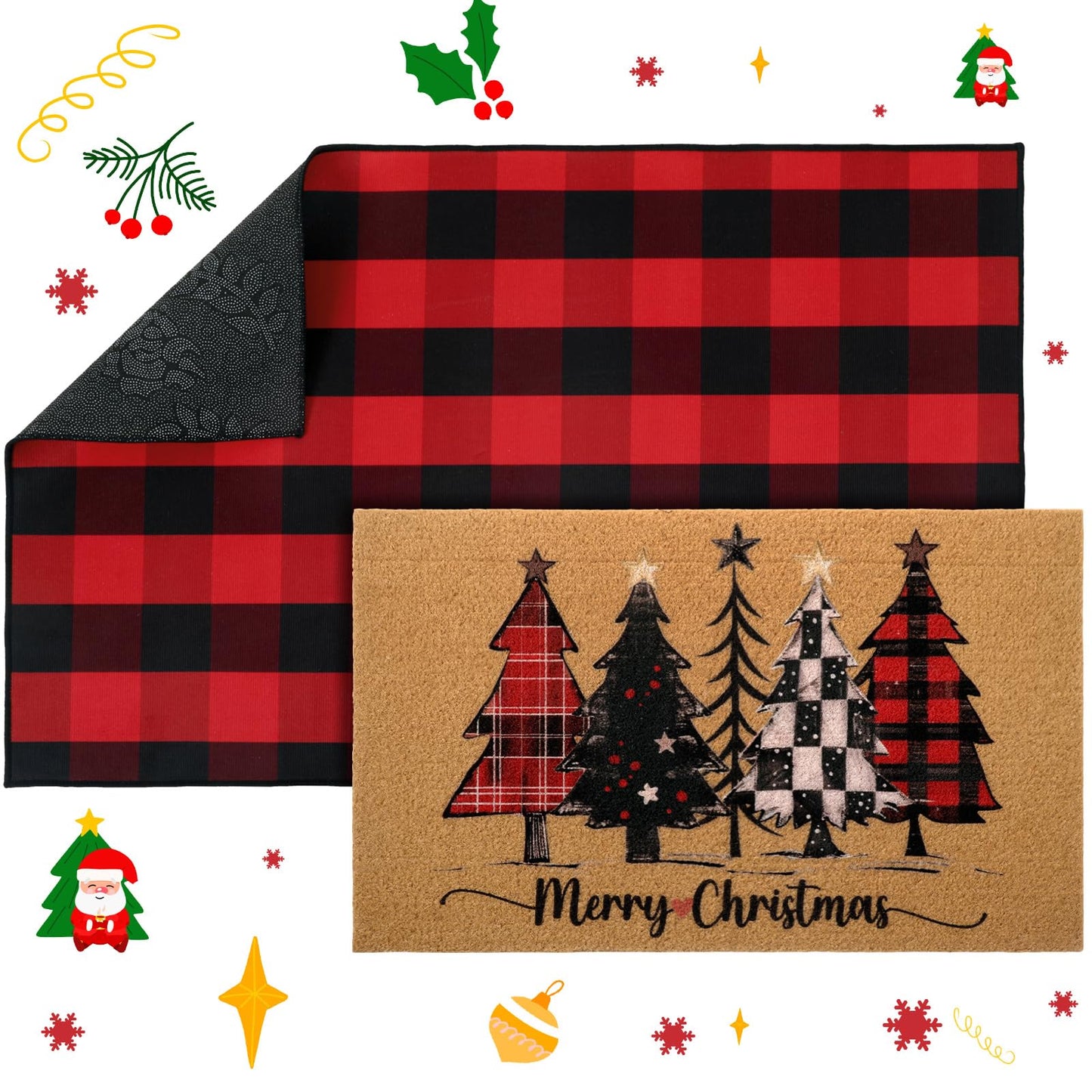 WinnerWhy 2 Pcs Christmas Front Porch Rug Buffalo Plaid Christmas Front Door Mats Imitation Coco Coir Xmas Welcome Layering Rugs for Outdoor Home Winter Festival Holiday Farmhouse Decor, 28 x 43 Inch