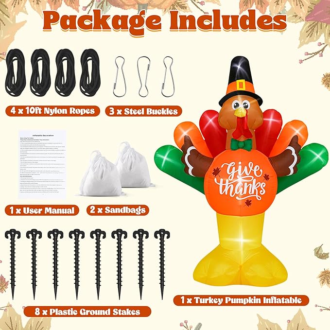 14FT Thanksgiving Inflatables Turkey, Giant Blow Up Turkey with Colorful Tail, Lighted Thanksgiving Outdoor Decorations Give Thanks Turkey Pumpkin for Fall Autumn Harvest Holiday Yard Decor