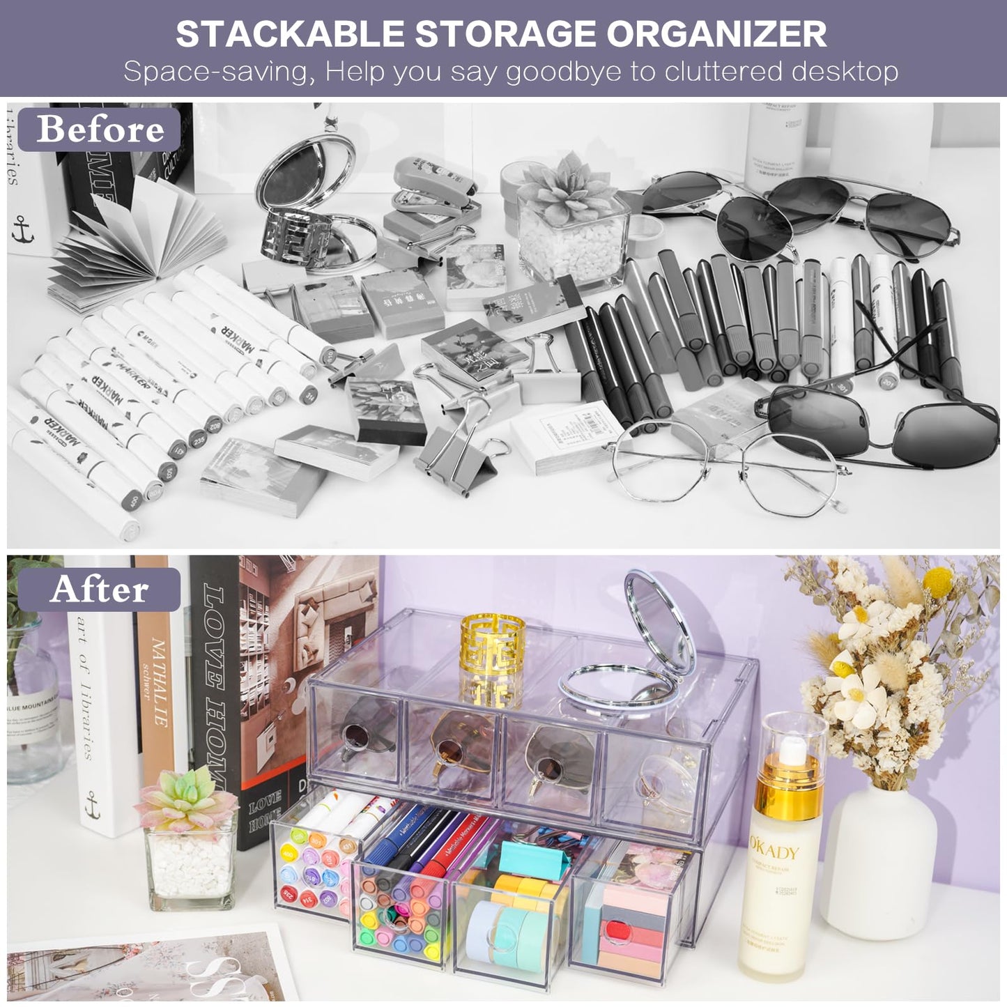 Desk Organizer with 4 Drawers, FODIENS Stackable Desktop Storage Box with Removable Drawer, Clear Sunglasses Organizer Display Case for Stationery Marker Pens Eyeglasses Office Supply