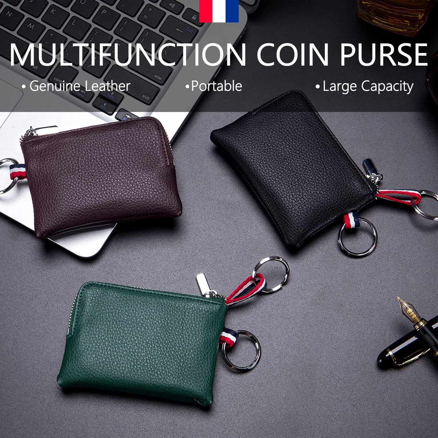 imeetu Leather Coin Purse Wallet, Mini Dual Keyrings Change Pouch Card Holder for Men Women (Coffee, standard)