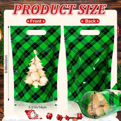 AmazingSpark Summer Christmas Candy Treat Bags with Windows, Holiday Plaid Plastic Sealing Bags with Handles for Xmas Holiday Party Candy or Snacks Gift Wrapping Supplies