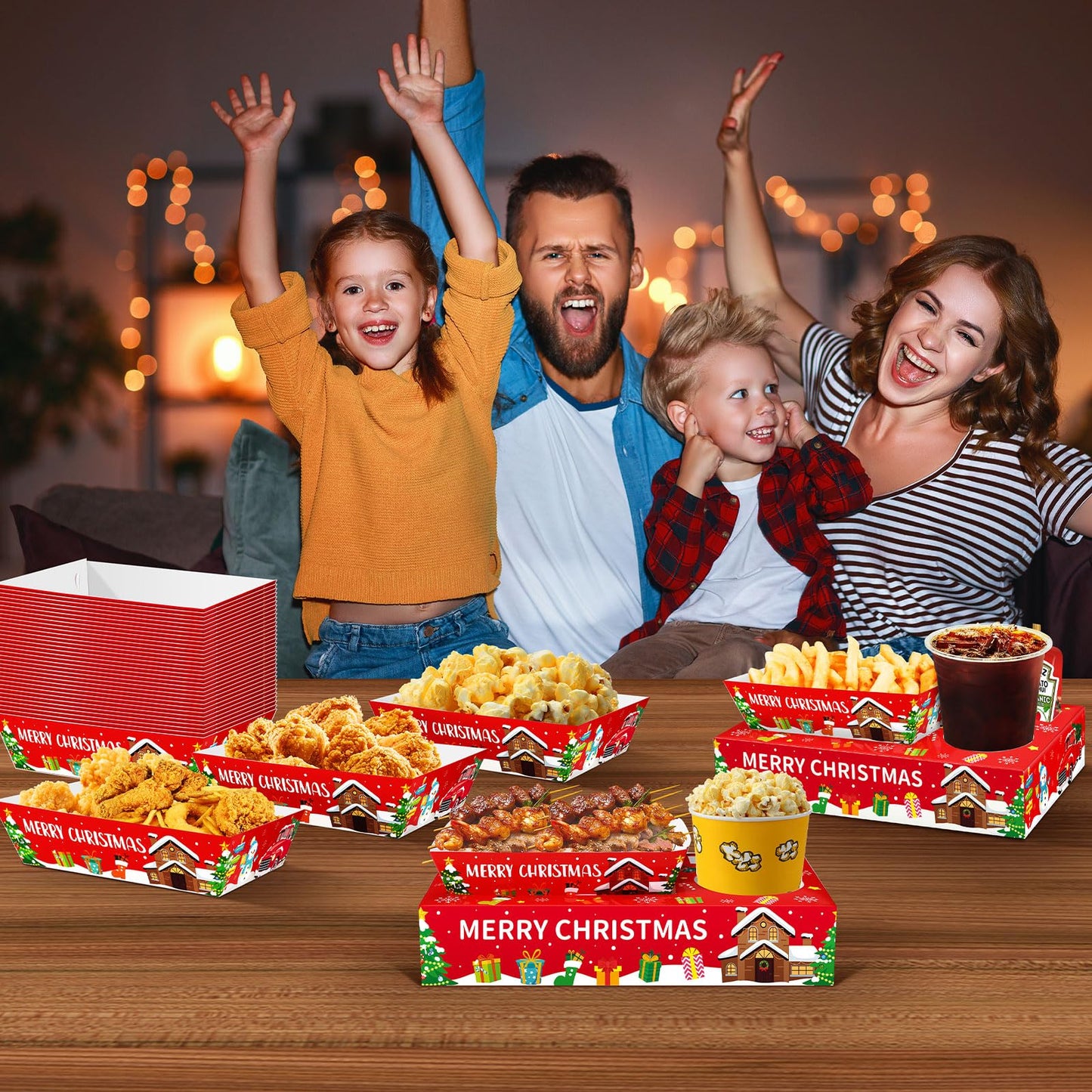 Jansun 36Pcs Christmas Movie Night Snack Trays Candy Popcorn French Fries Snack Trays Christmas Movie Boxes for Snacks Tray Xmas Party Supplies
