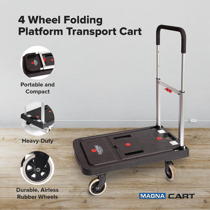 Magna Cart Folding Platform Cart, 4-Wheel Rolling Utility Dolly, 300 lb Load Capacity - Portable Transport Trolley with Telescoping Handle for Boxes, Crates, Groceries, Supplies & Equipment