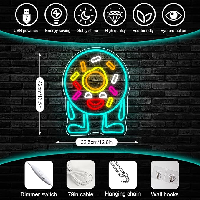Donut Neon Sign,Dimmable Neon Signs for Wall Decor,Donut Neon Light Donut USB Led Sign for Bakery Dessert Cake Shop Restaurant Beach Stores