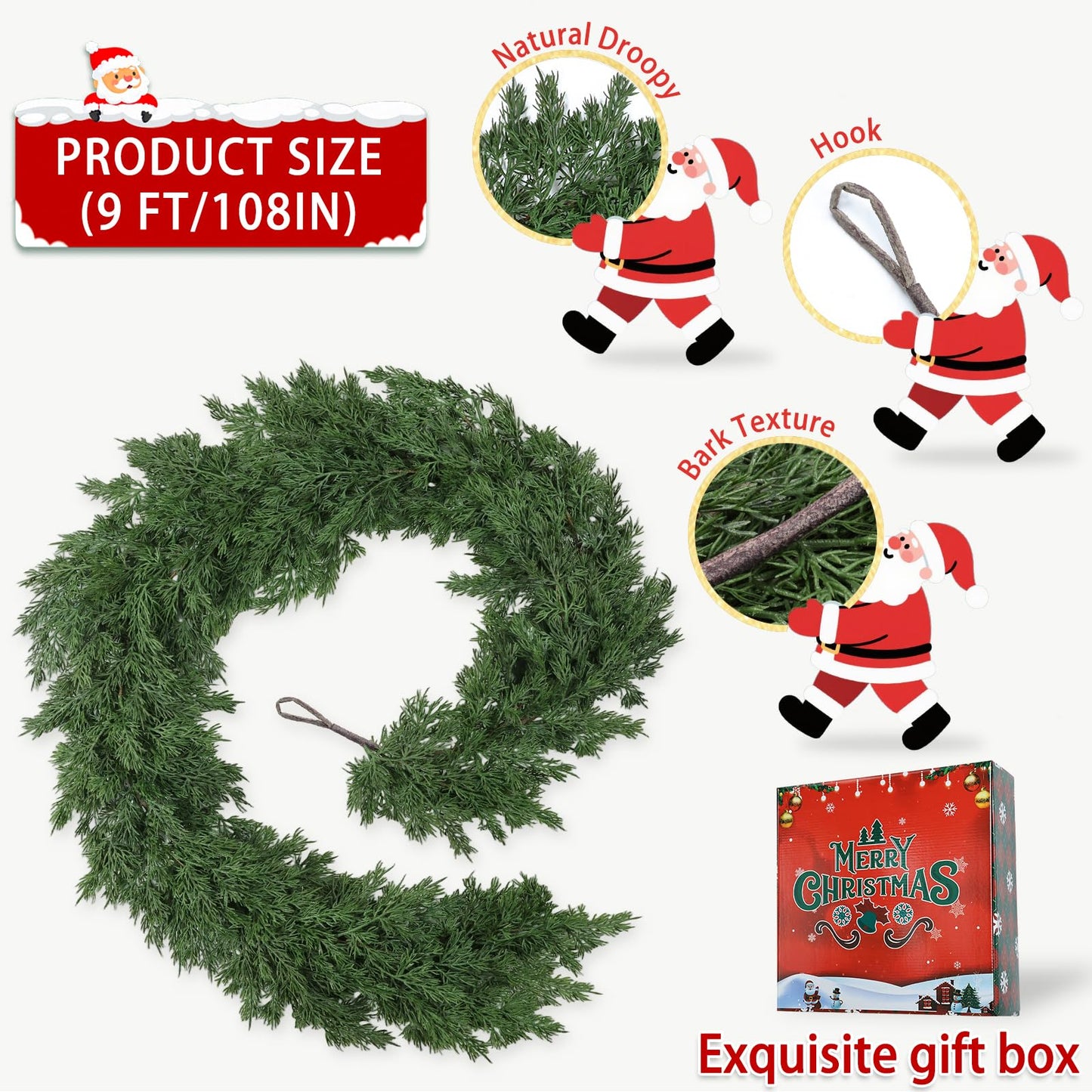 9Ft Christmas Garland Realistic Fuller,Natural Droopy,Bendable Stairs Railing Mantle Garland for Table Mantle Wall, Indoor Outdoor Lifelike Christmas Cedar Pine Decorations (Pine)