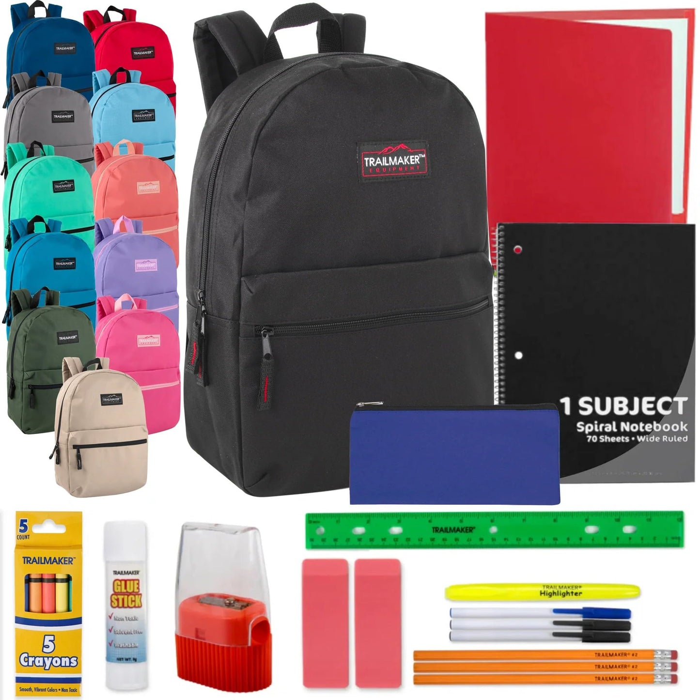 24 Pack Bulk Backpacks with School Supplies for Kids - Trailmaker Wholesale Backpack and School Supplies Kits
