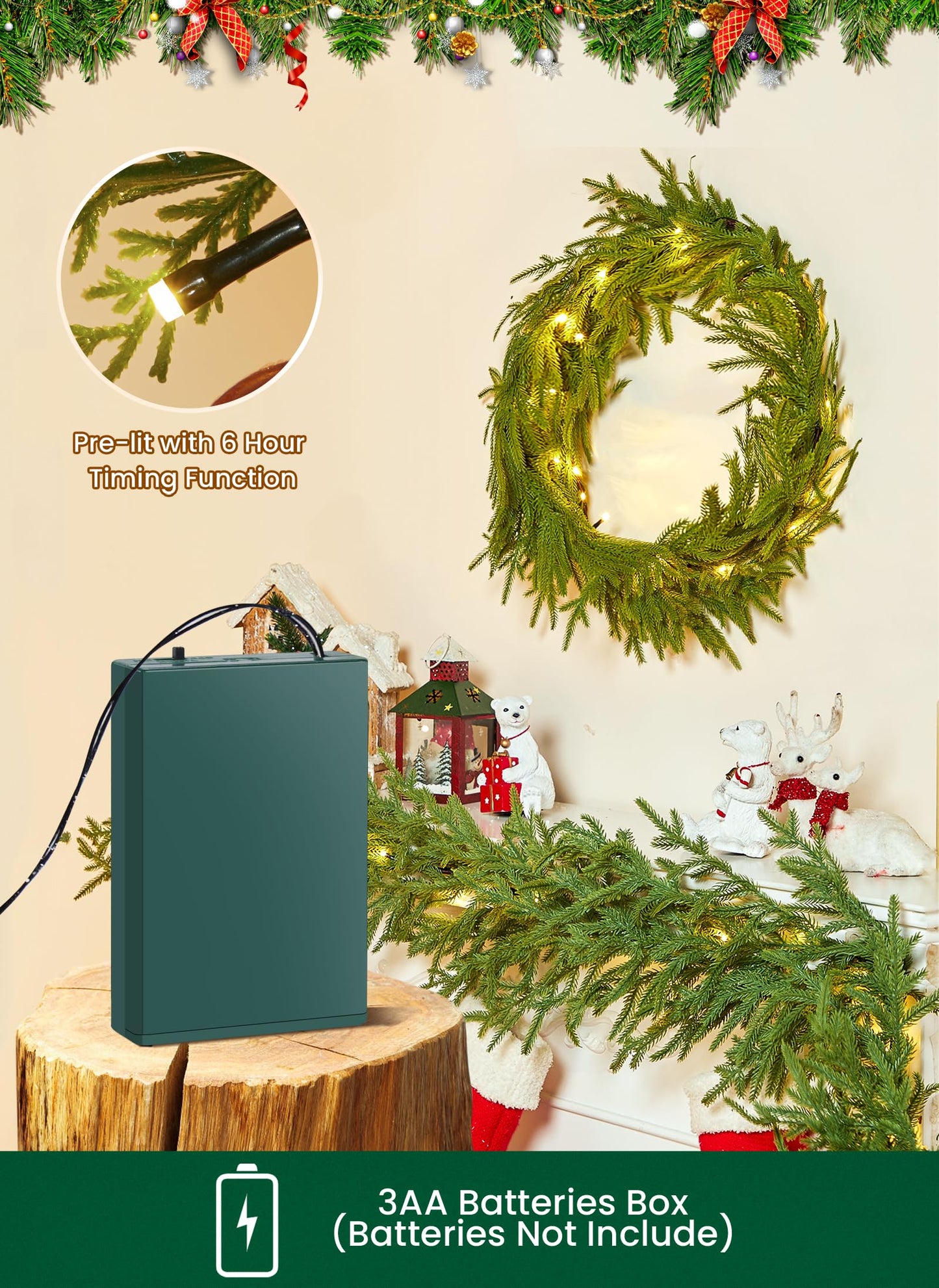 Brightown Christmas Garland with Lights, 6Ft Norfolk Pine Garlands, Battery Operated, White Lights, Prelit Garland for Mantle Fireplace Stairs Wall, Door Indoor Outdoor Christmas Decorations, 2 Pack