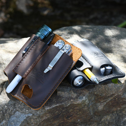 FLYHOMES Genuine Leather Multitool Sheath | Handmade Stitched EDC Belt Organizer for Leatherman Surge & Wave+ | Multi Tool Holster & Pen | Tools Pouch (Dark Brown)