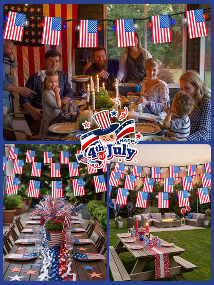 2 Pack 4th of July Decorations, Solar American Flag Lights Outdoor with 8 Modes, 37.6FT 50 USA Flags & 100 Red White and Blue LEDs Patriotic Lights Waterproof for Independence Day 250th Anniversary