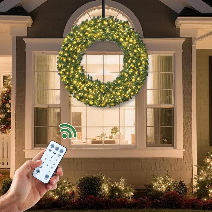 HOYECHI 72in Pre-Lit Christmas Wreath - with 360 Colorful LED Lights, 1160 PVC Tips, Timer, Remote & Hook, Large Outdoor Holiday Decor for Front Door, Wall, Garage, Power Plug-in