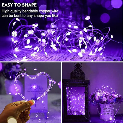 pozzolanas 100 Pack Purple Fairy Lights Battery Operated 3 Modes 7FT 20 LED Waterproof String Lights Twinkle Silver Wire for Mason Jars Wedding Christmas Halloween Party Decor (100, Purple)