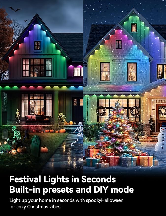 Permanent Outdoor Lights for House, RGB+IC IP67 Waterproof Smart Eave Lights 200ft with 100 LED, Eternity Lighting for Halloween Christmas Decoration, Work with Remote, APP