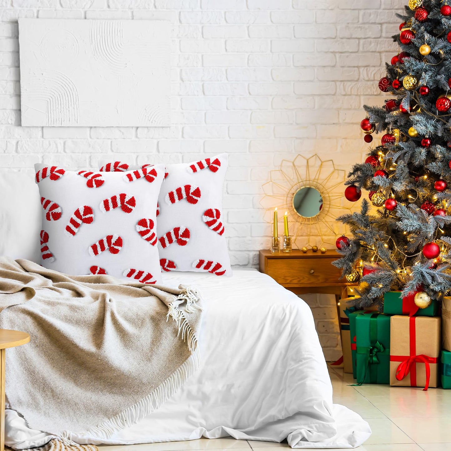 Mixweer 2 Pcs Tufted Christmas Throw Pillow Cover 18 x 18 Inch Candy Tufted Pillow Covers 3D Xmas Pillows Case Decorative Soft Cushion Cover for Sofa Couch Bed Room