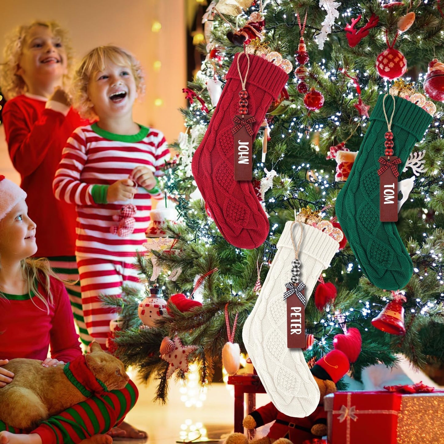 DigiGlow 6PACK 18Inch Cable Knitted Christmas Stockings, Personalized Hanging Stockings for Holiday Party, Christmas Tree, and Family Home Decor in Red, White, Green