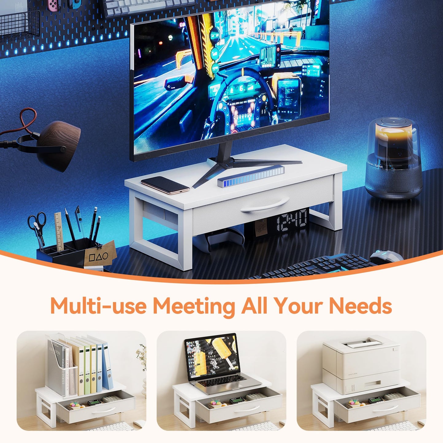 HEWORLIF Desk Organizers and Accessories, Computer Monitor Stand Riser with Drawer, White Laptop Stand for Desk with Storage, Office Organization, Wood