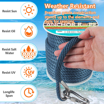 3/8 Inch 50 FT Anchor Rope, Boat Anchor Rope Solid Braid MFP, Anchor Line with 316 Stainless Steel Thimble and Snap Hook - Navy Blue