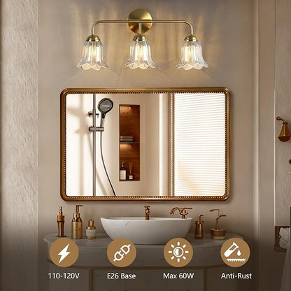 3-Lights Bathroom Vanity Light, Gold Vintage Bathroom Light Fixtures, Matte Antique Brass Finish with Crystal Glass Shade, Wall Sconces Lighting for Living Room, Bedroom, Hallway（E12 Base）