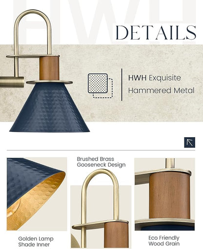 Rustic Wall Sconces Set of Two, HWH Indoor Wall Sconce 1-Light Barn Vanity Light, Gooseneck Barn Wall Lamp for Bathroom Bedroom Kitchen, Hammered Metal Shade, Navy Blue Finish, 5HZG74B-2L BL+BG