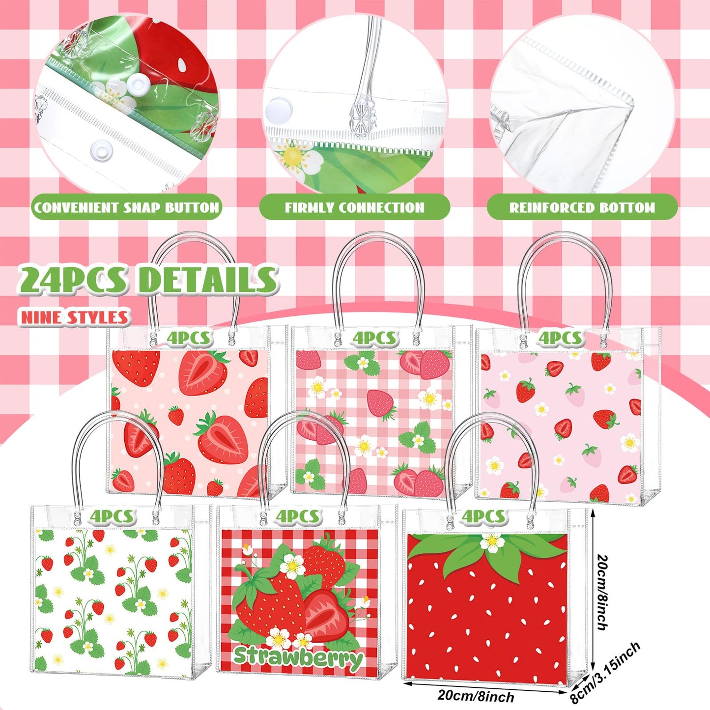 Teenyyou 24 Pcs Strawberry Party Favor Bags Clear PVC Goodie Treat Tote Gift Bags with Handles Strawberry Theme Birthday Party Supplies
