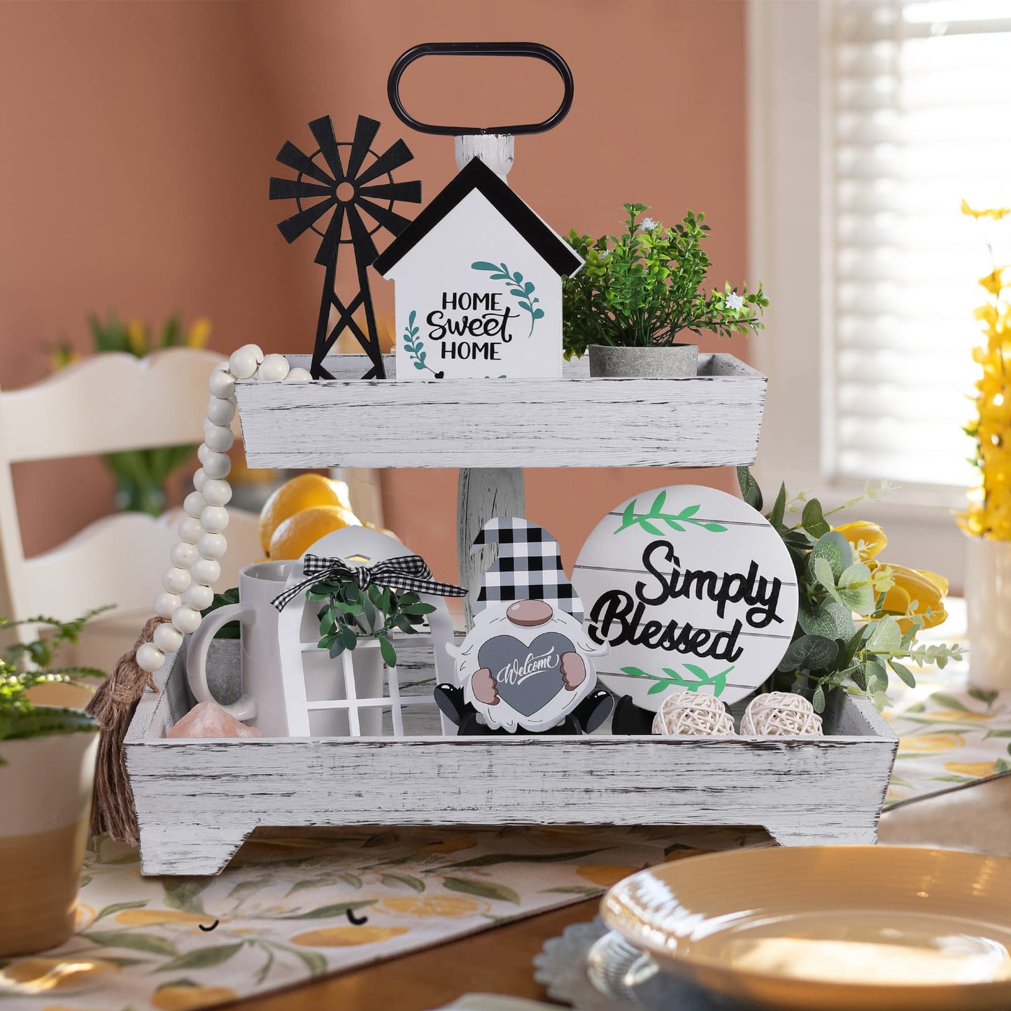 Eufrozy 2-Tier Farmhouse Tiered Tray Stand, Rustic White Wooden Decorative Serving Tray with Metal Handles, Rectangular Display Stand for 4th of July Decorations, Kitchen Table Housewarming Gifts
