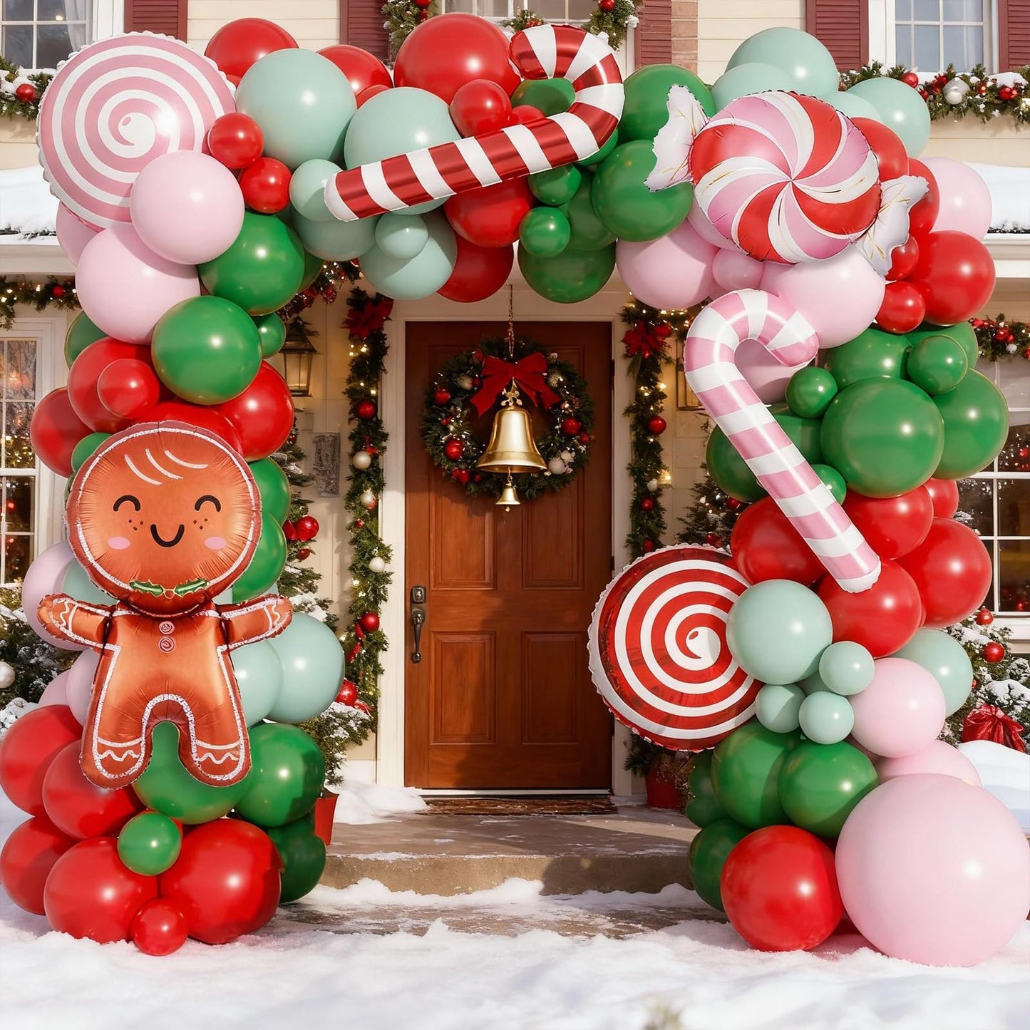 Christmas Balloon Garland Arch Kit, 115 PCS Xmas Balloon Decorations with Pink Red Green Latex Balloons Gingerbread Man Foil Balloons Candy Cane House Helium for Kids Christmas New Year Party Supplies