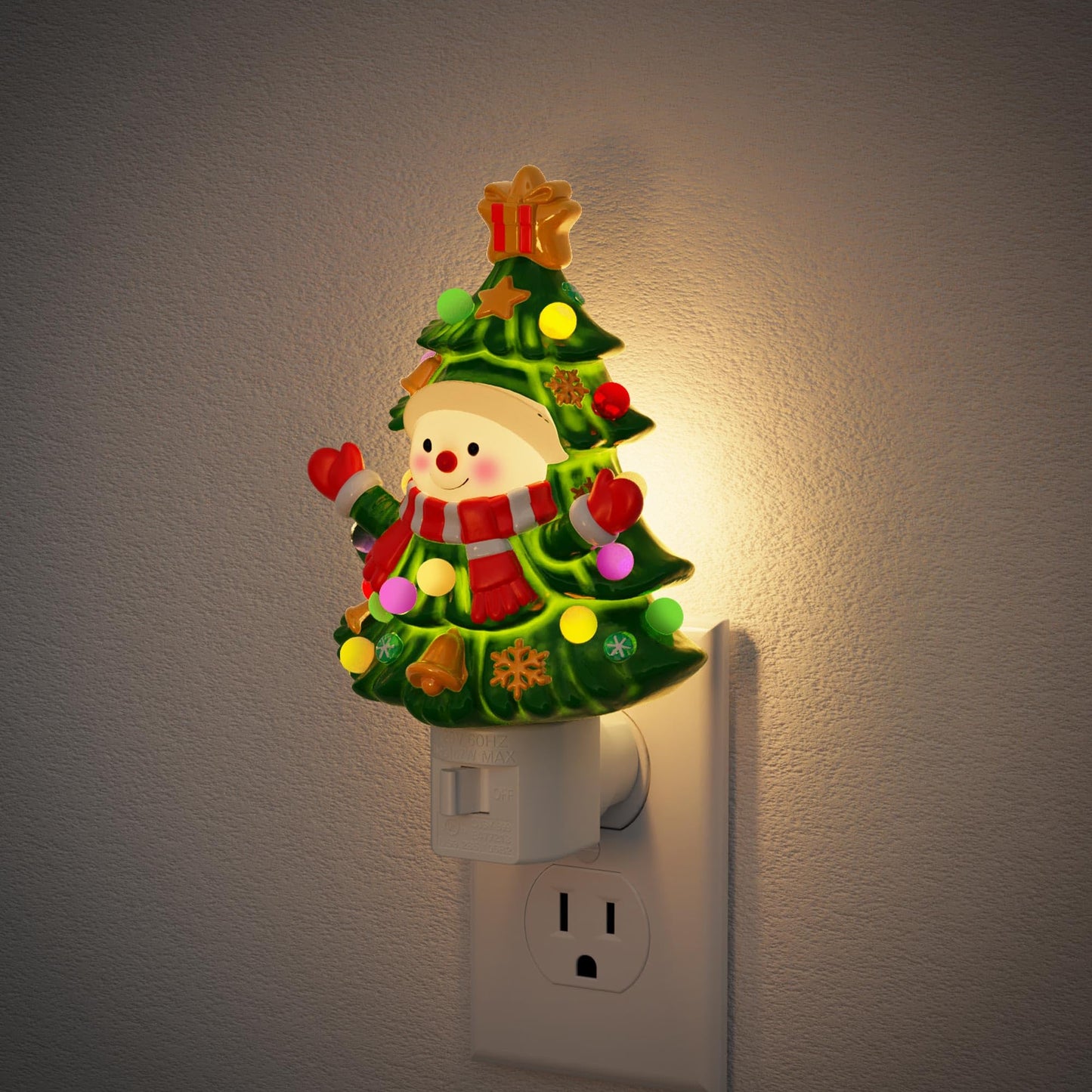JandCase Christmas Tree & Snowman Night Light, 3000K Night Lights Plug into Wall,Cute & Funny Ceramics Christmas Night Light for Kids, 360° Rotatable for Home Party Decor,1 Pack