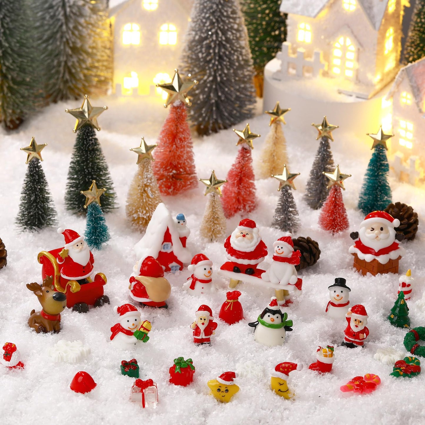 Roowest 96 Pcs Miniature Ornaments for Snow Globe Kit DIY Christmas Village Decoration Christmas Figurines Mini Ornaments with Snowman Reindeer Santa Claus Snowflake(DarkGreen Teal Beige Sliver Pink)