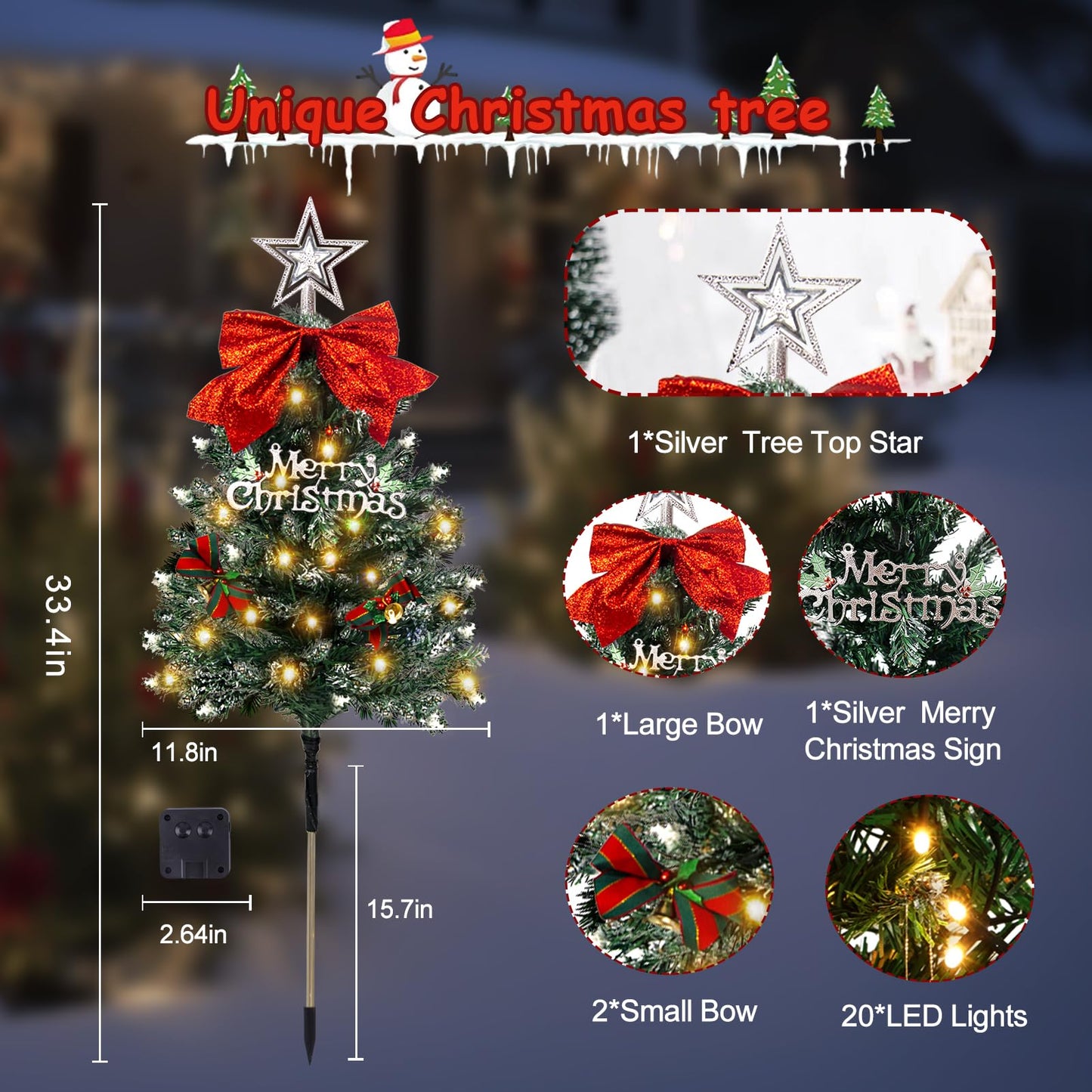 TAILERRI Christmas Tree Solar Pathway Lights, Waterproof Outdoor Decorations, Mini Xmas Tree Stake Lights with DIY Ornaments for Garden, Yard, Porch (Snowy Tree, 4 Pack)