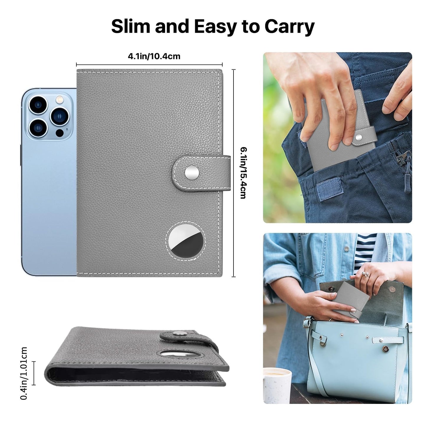 Genuine Leather Passport Holder for Travel, RFID Blocking Passport Wallet with Tracker Holder, Slim Passport Cover Travel Wallet for Women Men, Airport Essentials (Gray)