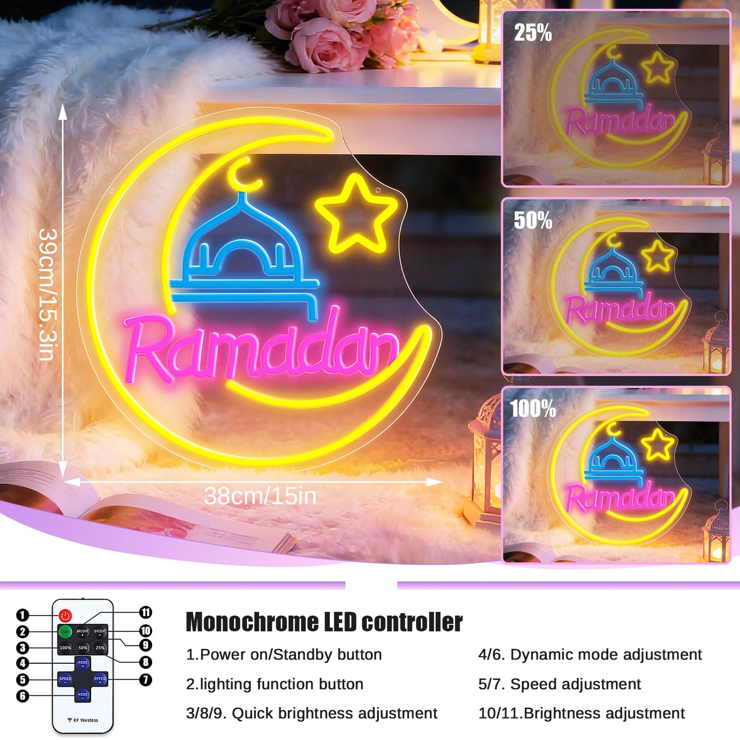 RumonZS Ramadan Kareem Neon Sign 15 in Eid Mubarak Neon Lights for Wall Decor Muslim Islamic Led Light Sign for Ramadan Mubarak Ramadan Kareem Sign Islamic Muslim Home Bedroom Party Decor Gift