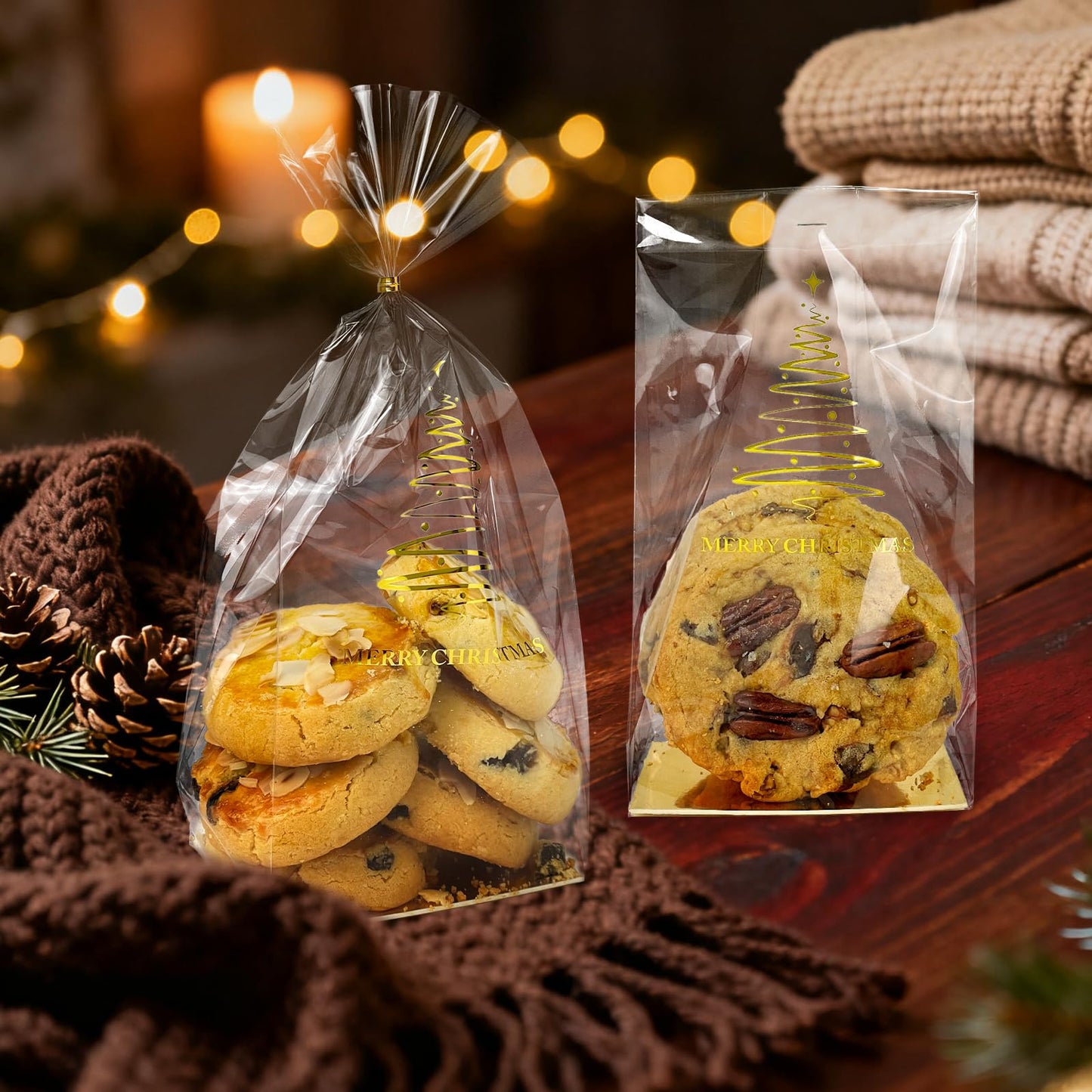EKAPACKAGING 25 Pcs 4x3x10 Inch Gusseted Cellophane Bags Flat Bottom, Christmas Cookie Bags with Ties, Clear Cello Treat Bags for Smores, Party Favors, and Gifts