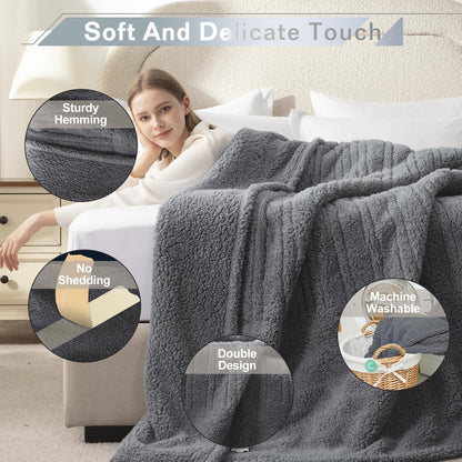 Heated Throw Blanket Double Sided Sherpa, Soft Heating Electric Blanket for Bed, Automatic Safety System, 6 Heating Levels & 4 Hours Auto-Off, 50"x60" Arctic Grey