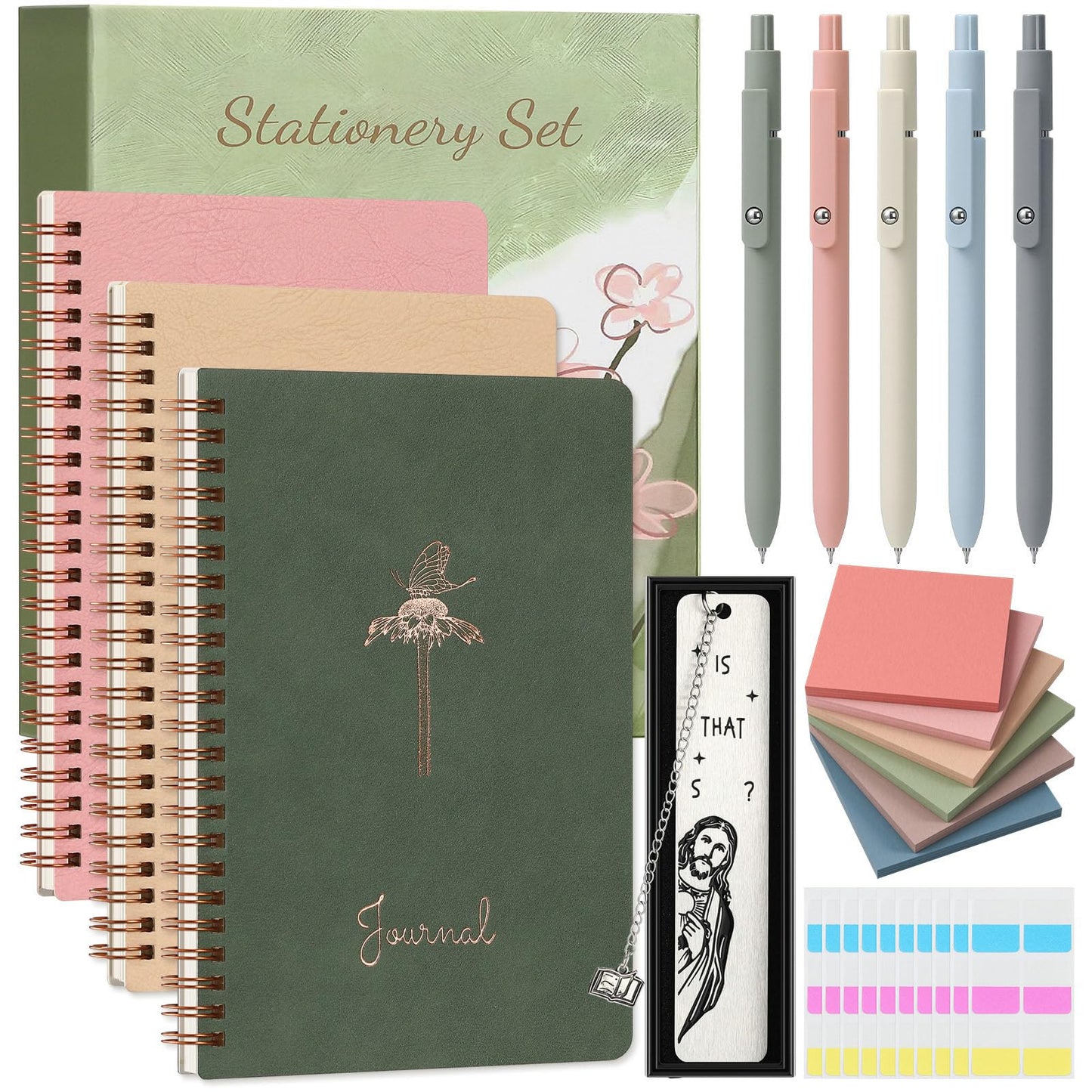 EudaBlos Stationery Set for Women, Journaling Kit, 3PCS A5 Spiral Notebooks, Gel Pens, Steel Bookmark, Sticky Notes & Tabs, Gift Box - Aesthetic Gift Set for Work Students School Office Supplies