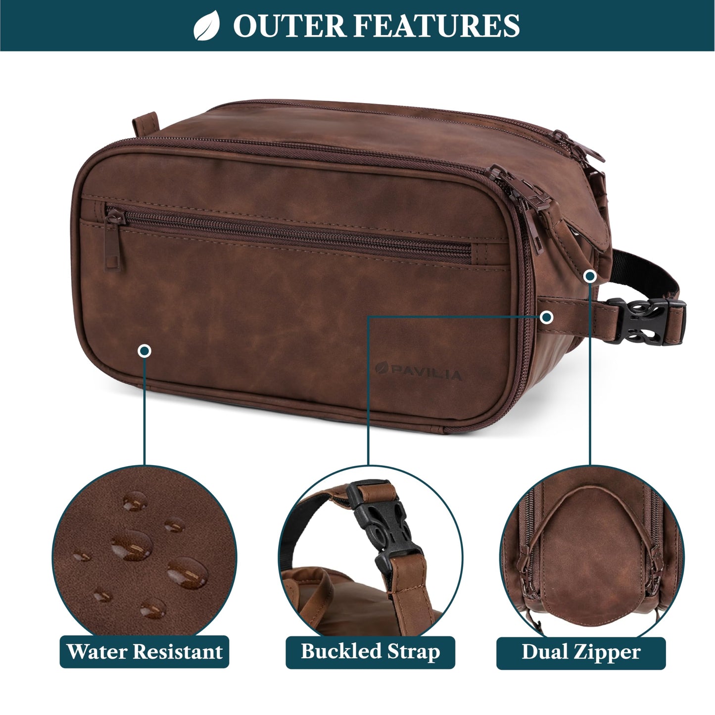 PAVILIA Toiletry Bag for Men, Hanging Travel Dopp Kit Organizer, PU Leather Water Resistant Bathroom Bag for Shaving Grooming, Large Capacity Cosmetic Bag Travel Essentials, Dark Brown