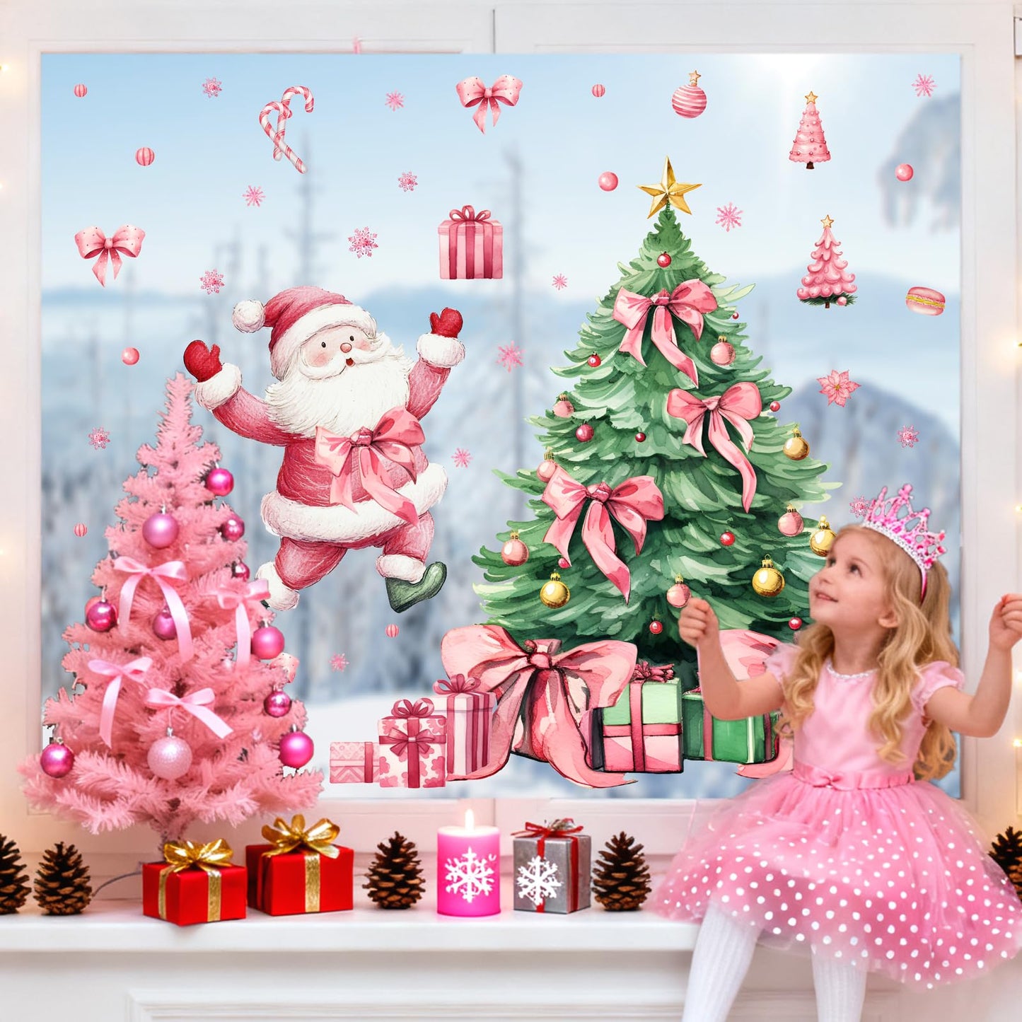 Christmas Decoration Window Decals Pink Bow Xmas Tree Window Clings Indoor Decor Removable Santa Claus Static Cling for Glass Double-Sided Snowflake Glass Sticker for 2026 New Year Living Room Supply