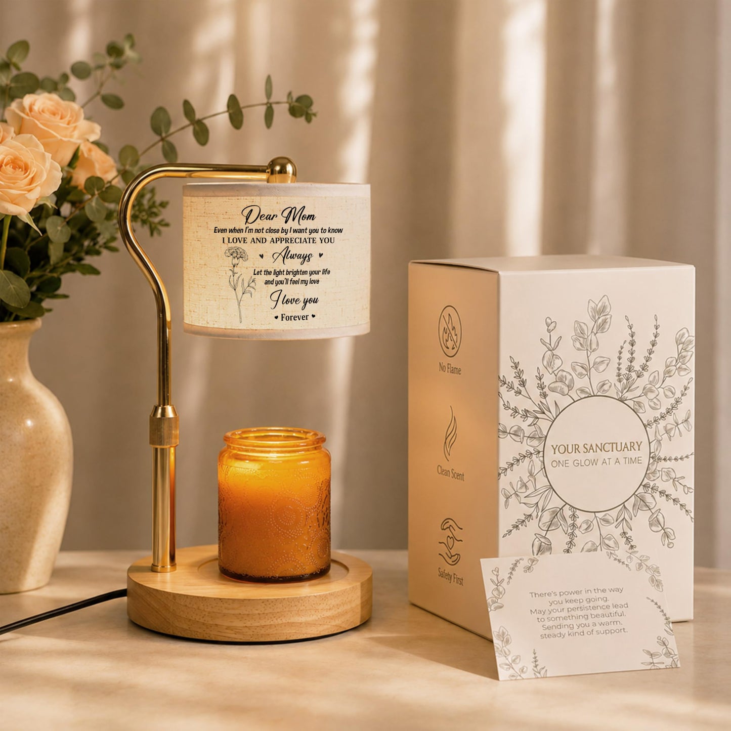 GIFTELIX Candle Warmer Lamp with Timer Dimmable - Dear Mom - Christmas Birthday Gift for Women Mom Mother from Daughter Son - Adjustable Height Wax Flameless Melter with 2 Bulbs - Cozy Home Decor