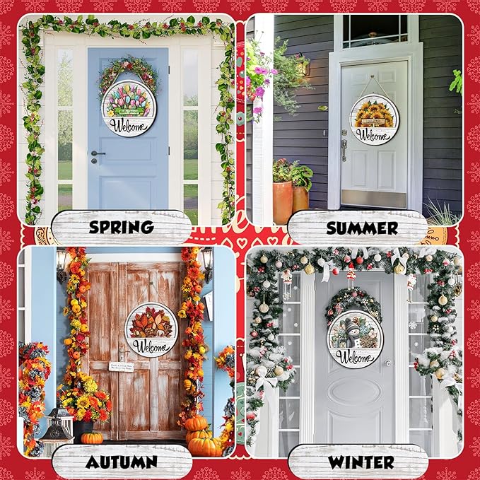 Yousoontic 17 Pcs 12 Inch Magnetic Welcome Door Sign Interchangeable Front Door Decor Rustic Fall Seasonal Hanging Sign Halloween Christmas Decor for Home Warming Gift(Classic Color,Welcome)