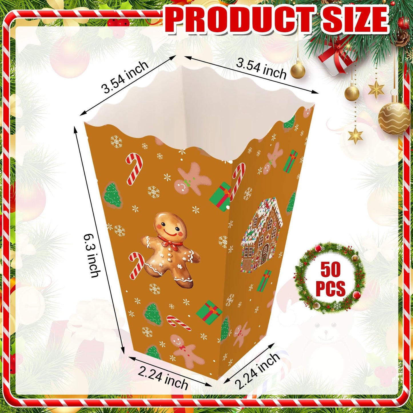 Faccito 50 Pcs Christmas Popcorn Boxes Brown Gingerbread Christmas Movie Popcorn Boxes Paper Snow House Buckets Snack Containers Holiday Case for Xmas Party Gingerbread House Party Favors Supplies