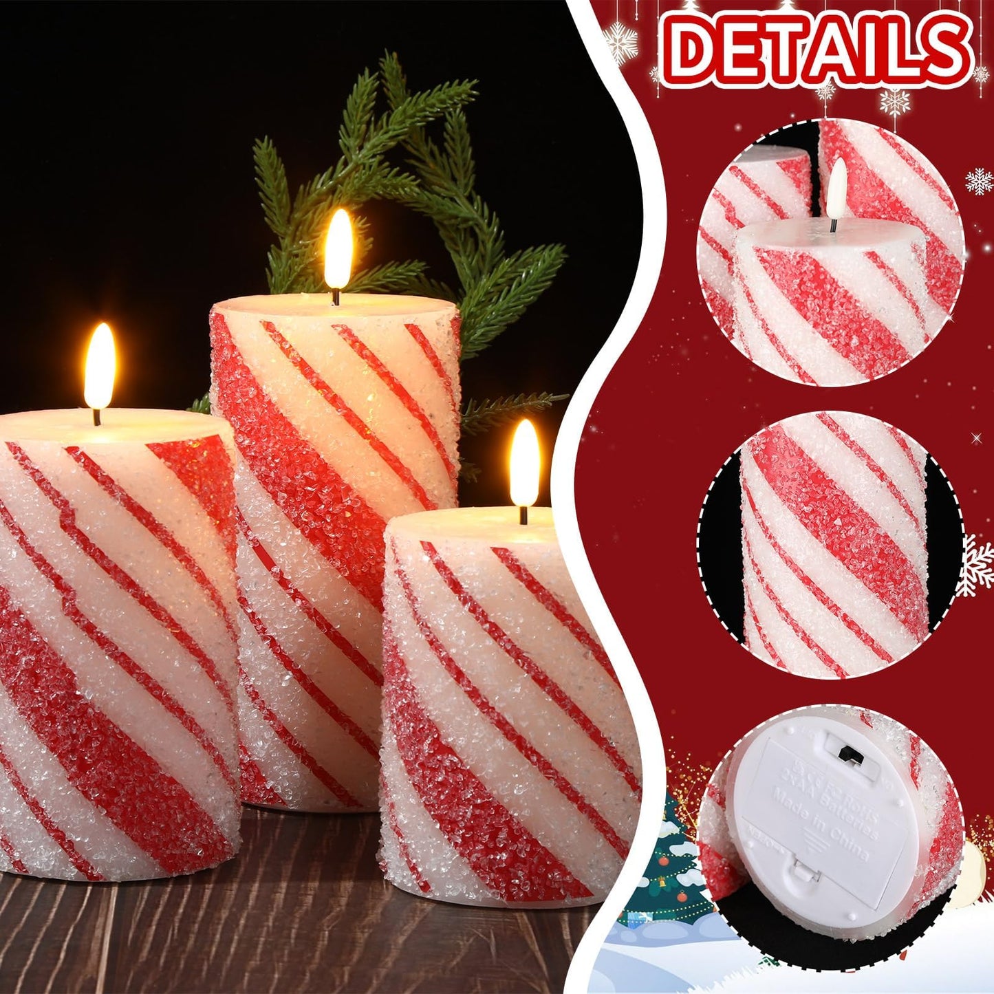 Lonfliness 5 Pcs Christmas Stripe Flameless LED Candles 6 Inch Christmas Candy Cane Candles with Sea Salt Granules Battery Operated Flickering Candlestick for Xmas Holiday Party Wedding Decor
