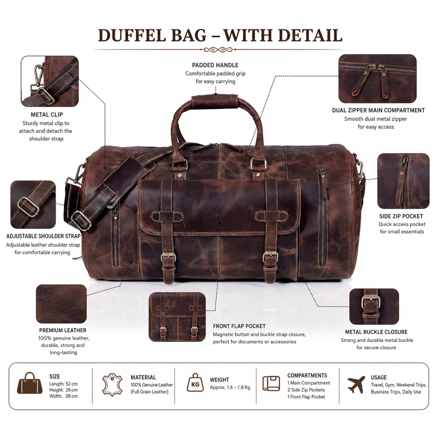 Cureo 24 Inch Genuine Leather Duffle Bag for Men and Women Travel Overnight Weekender Sports Gym Carry on Luggage