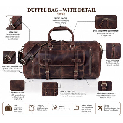 Cureo 24 Inch Genuine Leather Duffle Bag for Men and Women Travel Overnight Weekender Sports Gym Carry on Luggage
