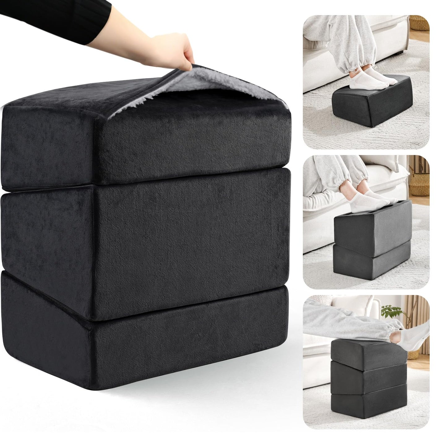 Foot Rest for Under Desk at Work, Adjustable Footrest for Office Chair & Gaming Chair,Ergonomic Footrest Pillow Desk Foot Stool with Washable Cover for Home, Airplane, Travel (Black)