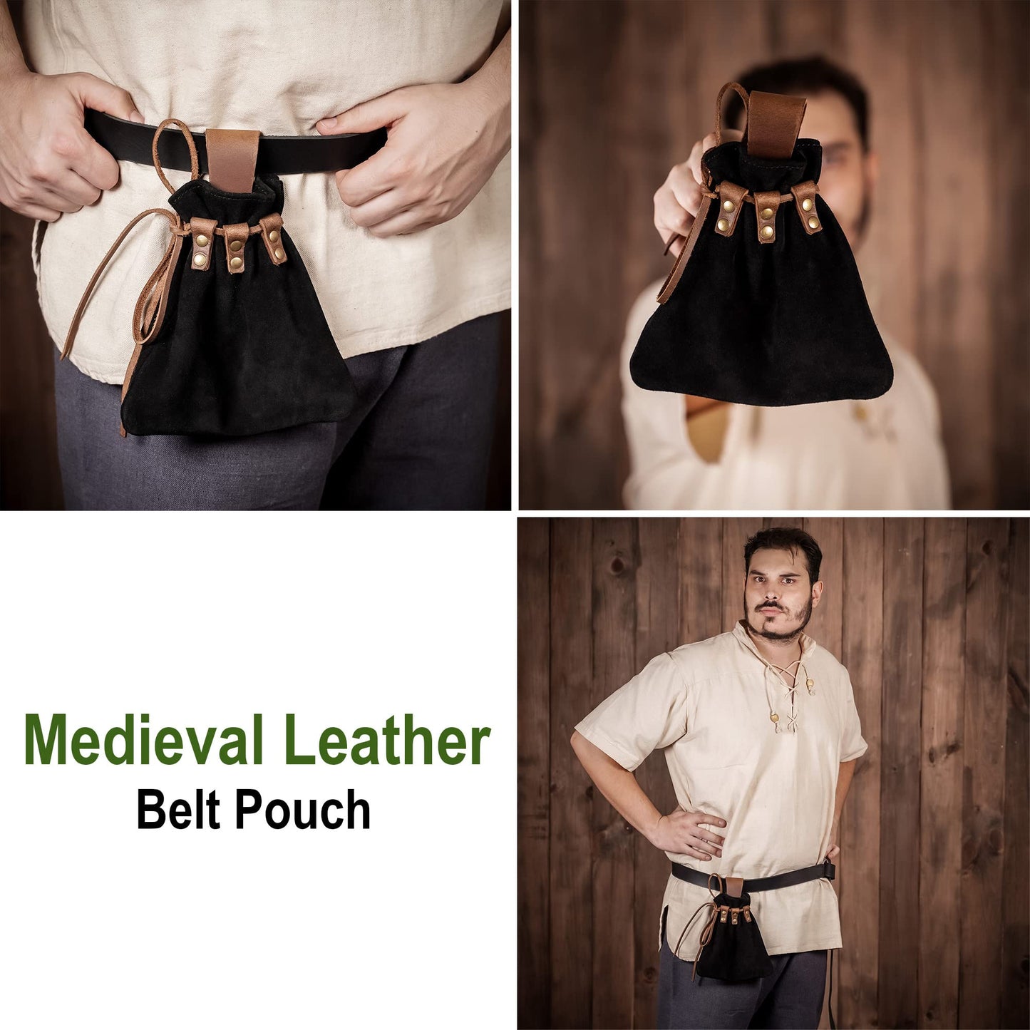 Lord of Battles Medieval Drawstring Bag Viking Style Renaissance Costume Leather Purse Coin Pouch Waist Bag for LARP, Renfaire, Cosplay, Reenactment (Suede Leather Pouch, Black)