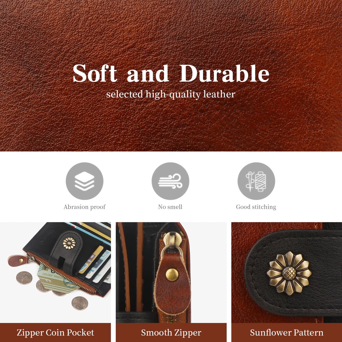 Blucoay Leather Wallet Women,RFID Blocking Womens Wallet Bifold Compact Small Wallet for Women Card Holder with Zip Coin Pocket Brownblack