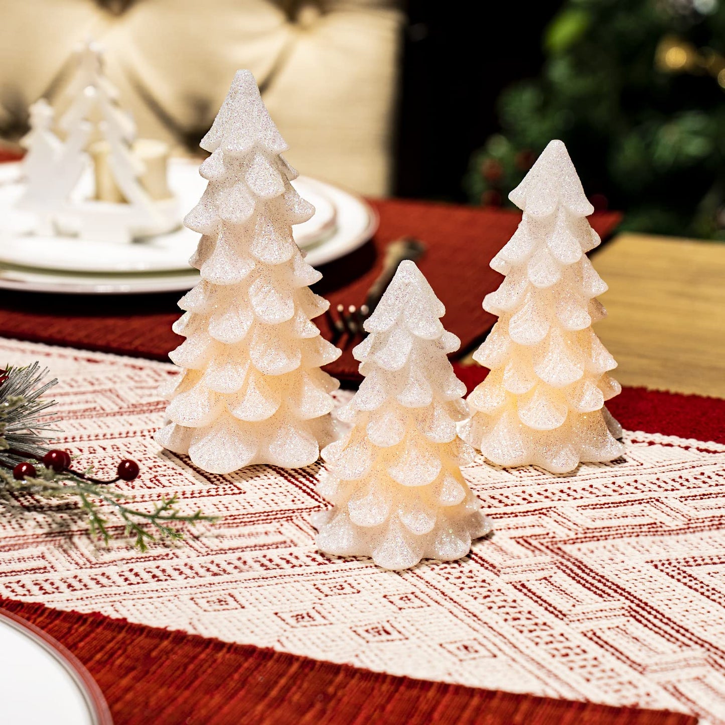 Yongmao Glittering White Christmas Tree Shaped Flickering Flameless LED Candles with Timer, Real Wax Battery Operated for Home Party Decoration and Gift (Set of 3)