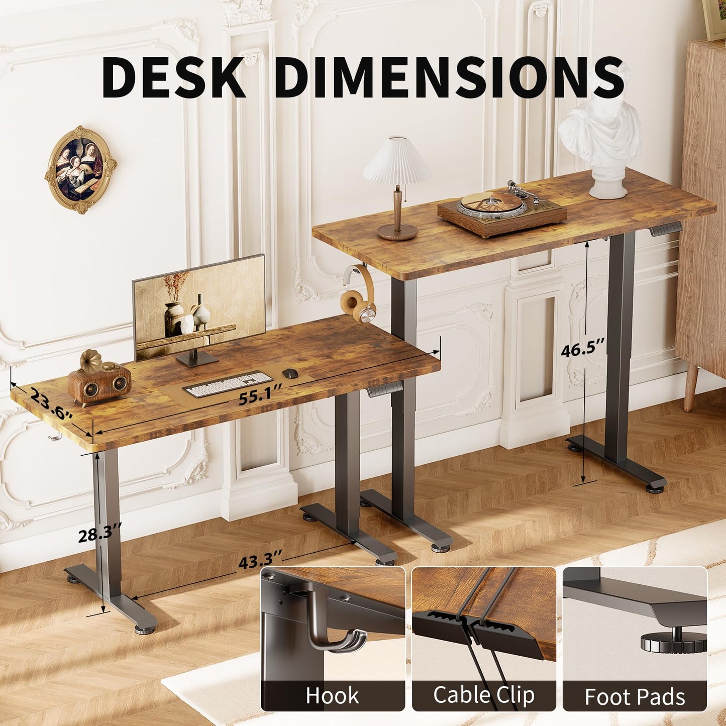 Veken 55 Inch Large Electric Standing Desk, Heights Adjustable, Sit to Stand Up, Work Home Office Computer Table for Study, Walking Pad, Writing, and Games, Wooden Desktop Desks, Brown