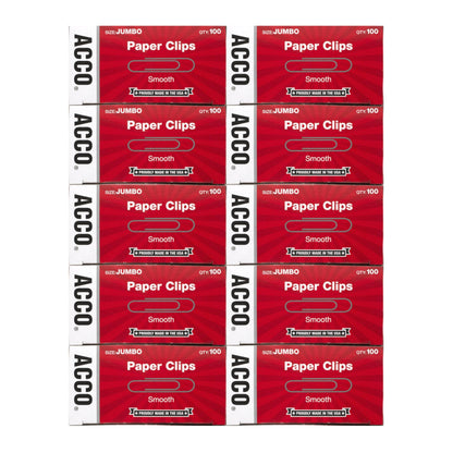 ACCO Brands Paper Clips, Jumbo, Smooth, Economy, 10 Boxes, 100/Box (72580)