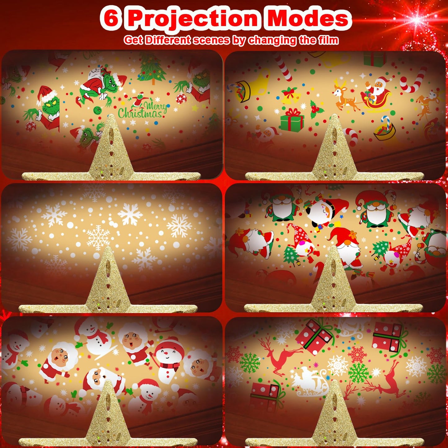 10" Christmas Tree Topper Star Lighted with 6 Projection Modes, Light Up Christmas Tree Topper Built-in LED Rotation Light, 3D Glitter Dynamic Projector Tree Top for Xmas Party Decorations Gift