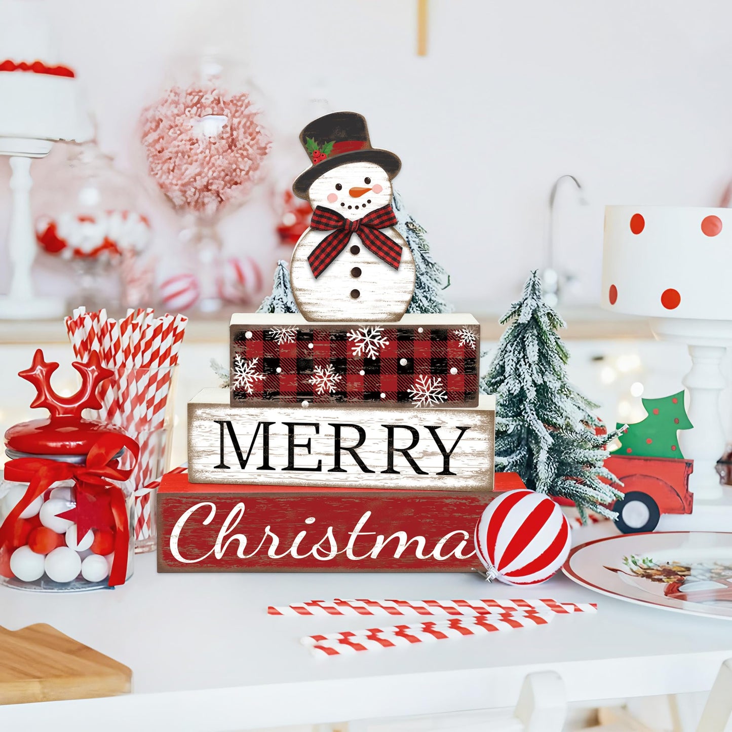 4 Pcs Christmas Table Decoration Snowman Wooden Block Merry Christmas Wood Centerpiece Xmas Red Buffalo Plaid Tabletop Sign Xmas Rustic Farmhouse Tiered Tray Decor for Winter Party Home Shelf Decor